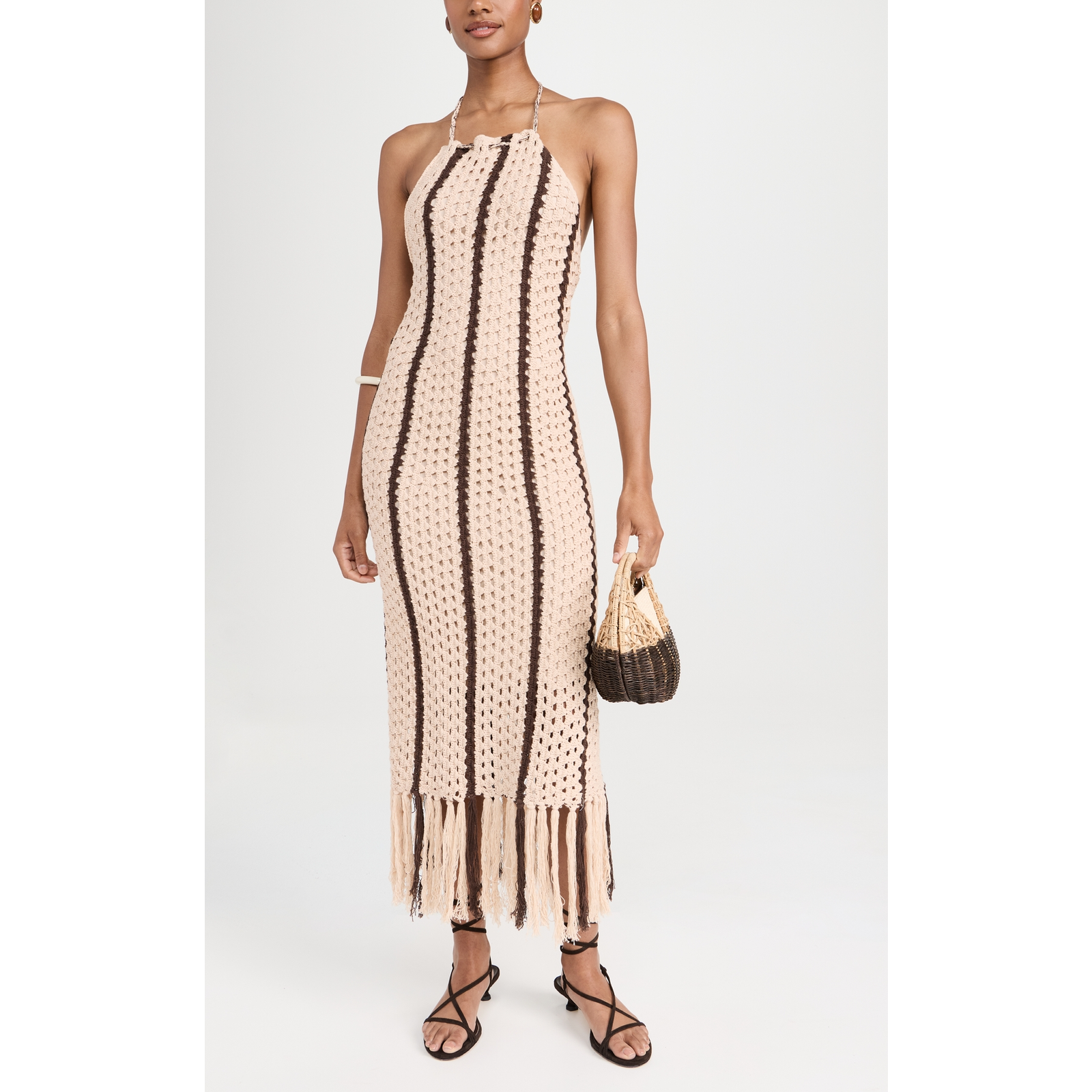 Moon River 'Halter' Tan Fringe Halter Neck Sleeveless Midi Dress Size S